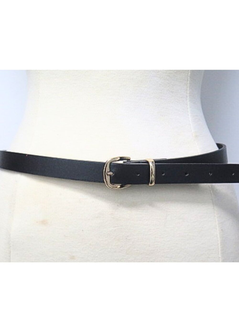 Women’s Black Skinny Faux Leather Belt Gold Tone Buckle Adjustable Classic